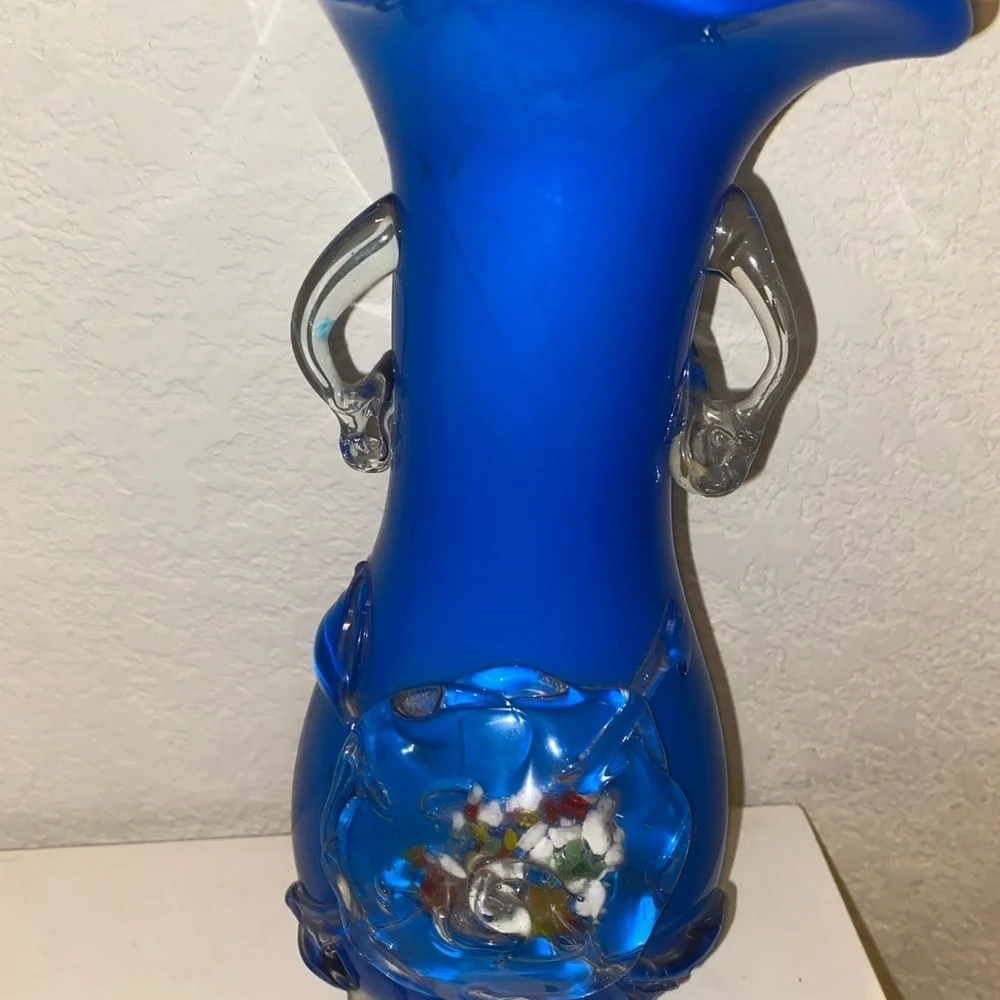 Vintage Hand Blown Confetti Fused Plum Blossom Cobalt Blue Glass MCM Vase 9.5”H